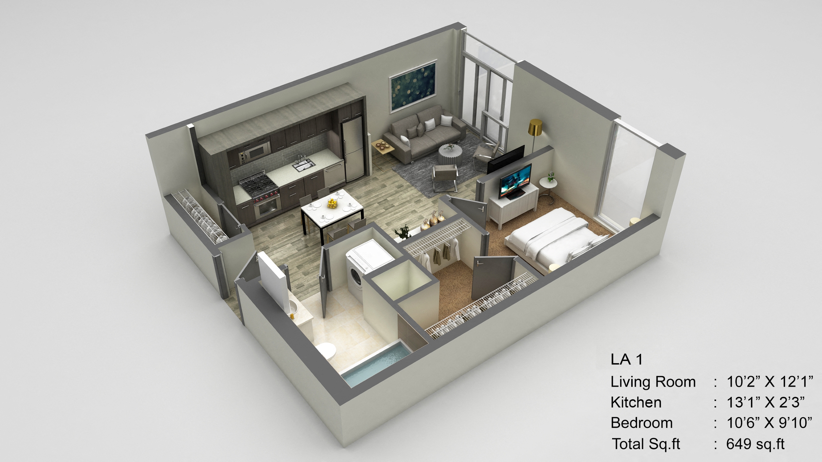 Floor plan for 1 bed, 1 bath, 649 sqft